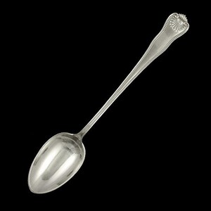 May include: A silver spoon with an ornate handle and a rounded bowl. The spoon is polished and shiny.
