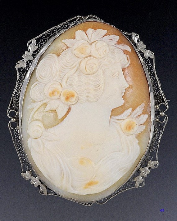 c1915 Large Finely Carved Cameo 14k White Gold Fil