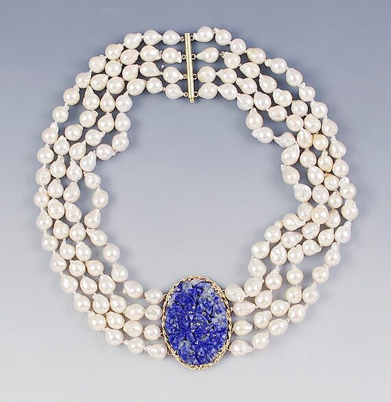 Beautiful Baroque Pearl 14K Gold & Lapis Lazuli 4… - image 3