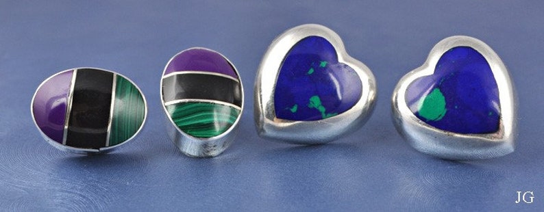 2 Pairs Mexican Sterling Silver Genuine Stone Earrings Heart Oval Studs image 1