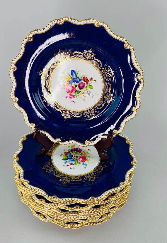 Fantastic Set 12 1903 Royal Worcester Cobalt Blue Handpainted