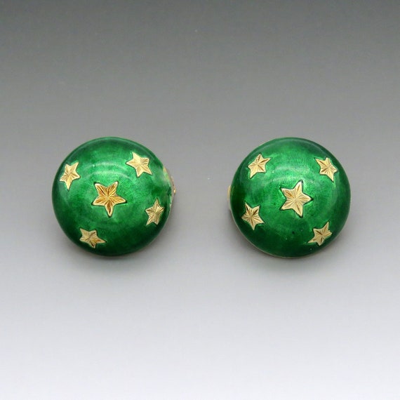 Gorgeous Pair VTG 18k Yellow Gold Green Enamel Sta