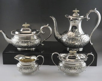 4pc Barker Bros 1950 English Sterling Silver Victorian Style Coffee Tea Set