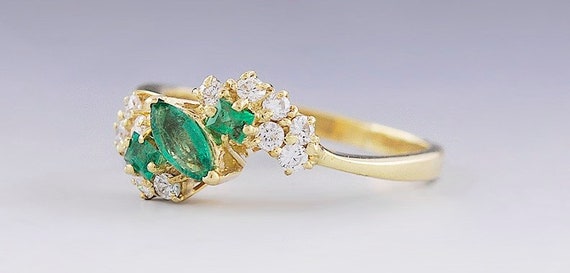 Beautiful 18k Gold Triple Emerald & Diamond Ring - image 2