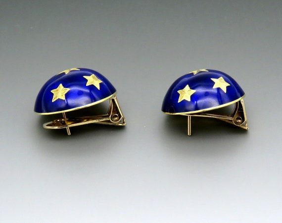 Gorgeous Pair VTG 18k Yellow Gold Blue Enamel Sta… - image 2