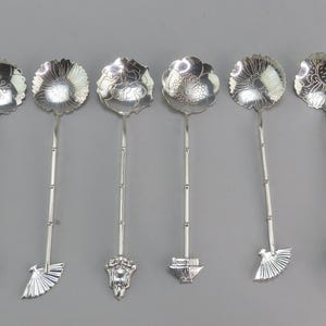 Cute Set 6 VTG Japanese Sterling Silver Floral Souvenir Theme Demitasse Spoons