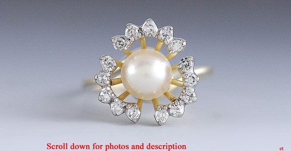 Exquisite Large Pearl & Diamond Halo 14K Yellow G… - image 1