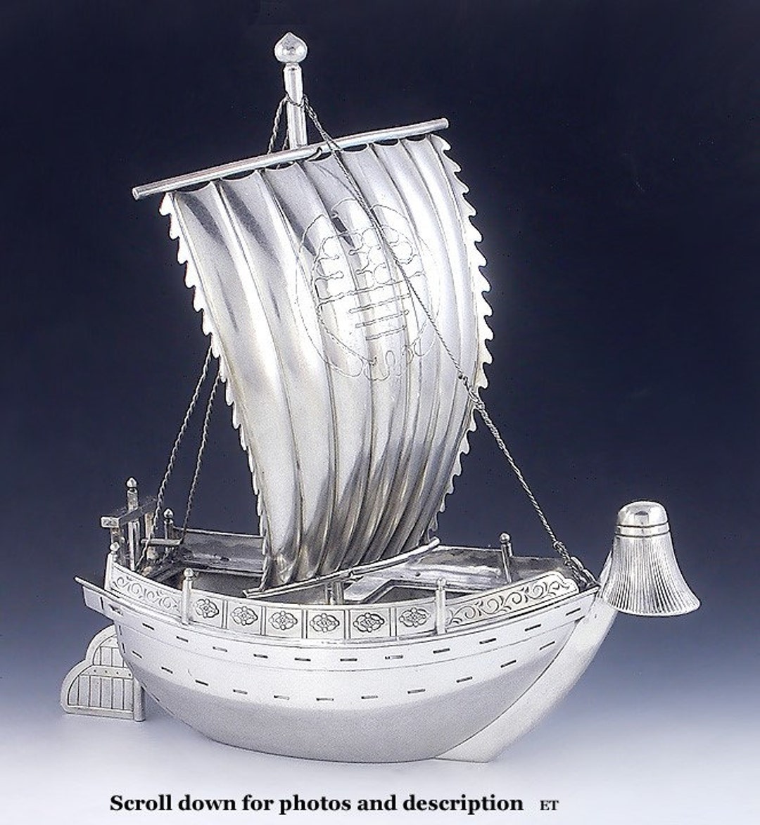 希少　銀製　帆船　透かし彫り　細密細工　sailing ship　sv900 Vintage Japanese Silver Sailboat Naval War Ship Incredible Quality