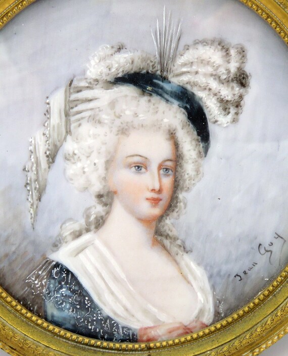 1800 年代中期/後期のフランス手描きの華やかな肖像画、金箔真鍮