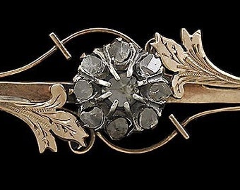 Victorian 10K Gold & Rose Cut Diamond Floral Bar Pin