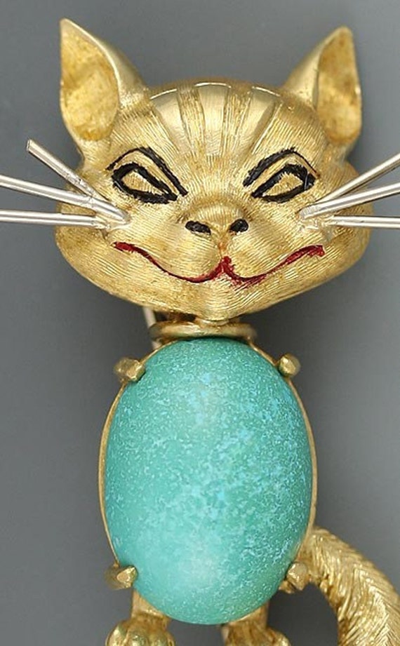 Fabulous 18k Yellow Gold Cat Pin Turquoise Body B… - image 2