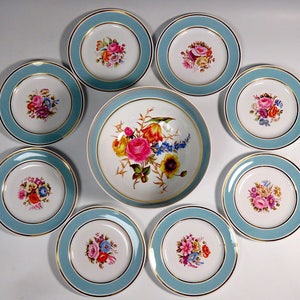 1920s-1930s Spode Copeland 9pc Porcelain Dessert Fruit Set Plates Large Bowl