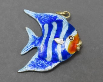 NOS VTG Silver Blue Enamel Tropical Fish Angelfish Striped Fish Pendant