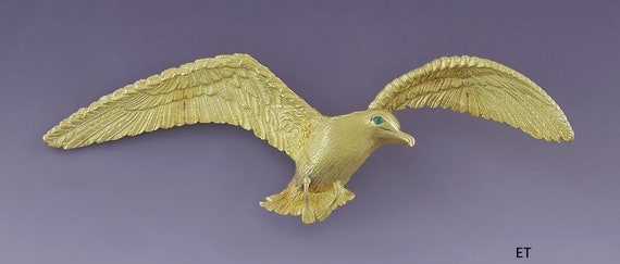 Stunning 18k Yellow Gold Emerald Pin Brooch Pendant Seagull 