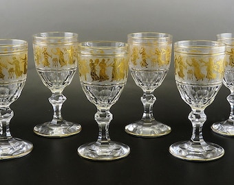 6 Val St Lambert Danse de Flore Gold Crystal Glass Water/Wine Goblets 6 3/4"
