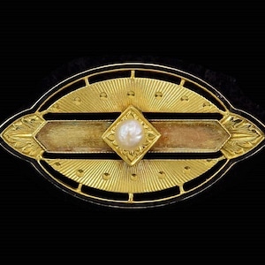 アンティークアメリカン 1920 年代 14K イエロー ゴールド パール ブラック エナメル ピン カーター ゴフ作
