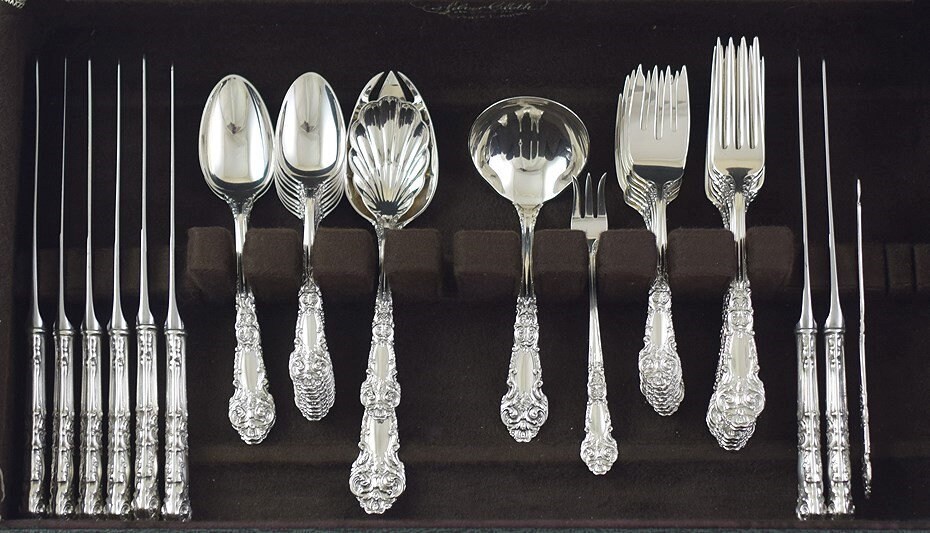 【リード＆バートン】純銀 スターリング／ナイフ＆フォーク／Les Cinq Les Cinq Fleurs by Reed and Barton Sterling Silver Flatware Set
