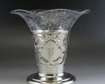 Antique Watson Sterling Silver Cut Crystal Glass Trumpet Flower Vase 7 3/4"