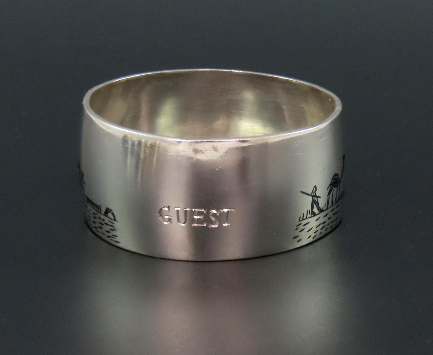 中東のシルバーナプキンリング「ゲスト」の彫刻が施されたエナメル