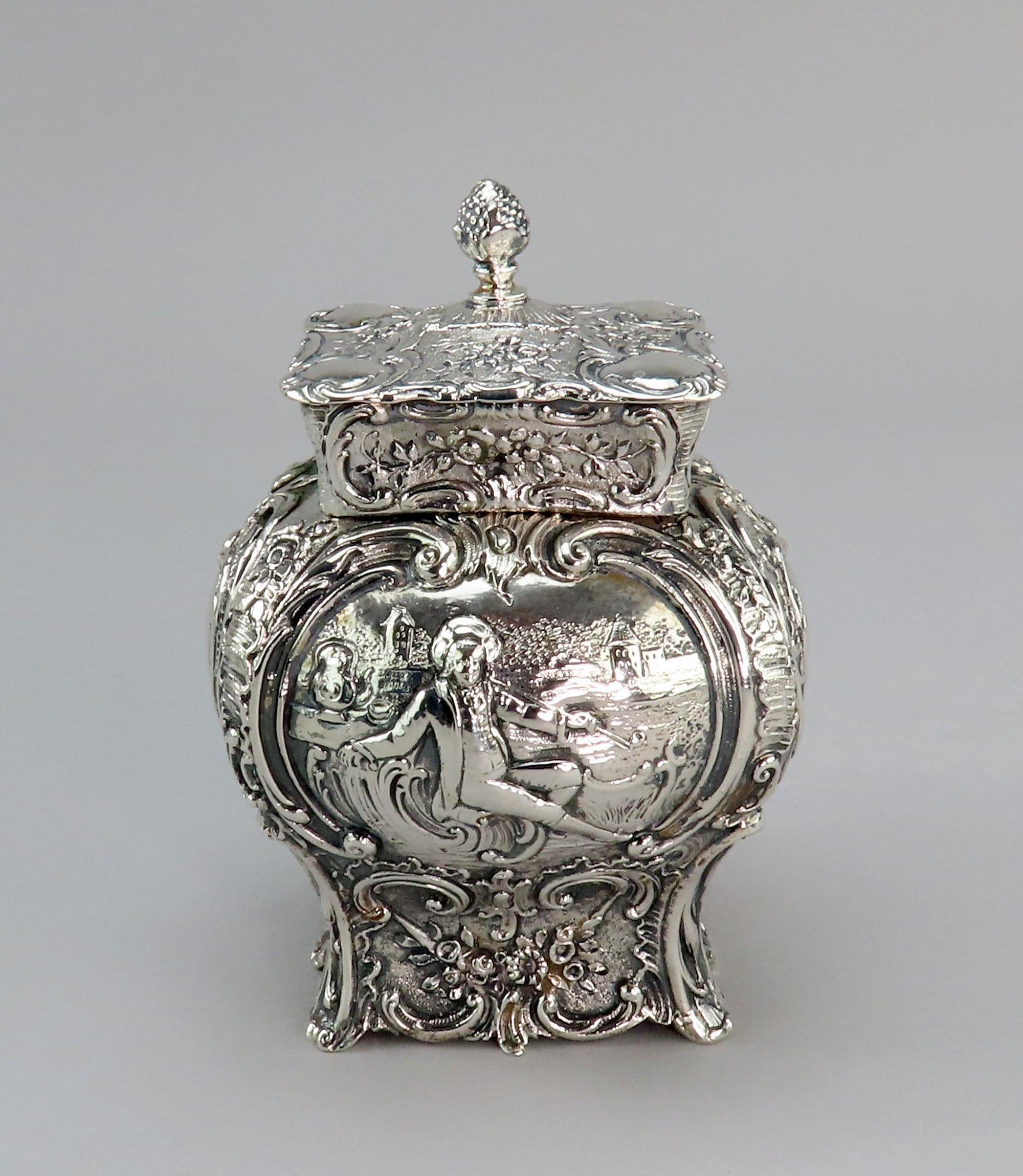 Fabulous 1800s Hanau German Silver Tea Caddy Bombe Form Rococo