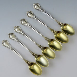 6 Antique Gilded Sterling Silver Gorham Chantilly 1895 Demitasse Spoons E mono