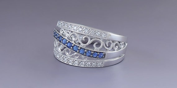 Beautiful 14k White Gold Filigree Sapphire & Diam… - image 2