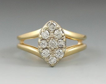 Very Nice 14k Gold & Diamond Marquise Navette Ellipse Ring Size 5.25