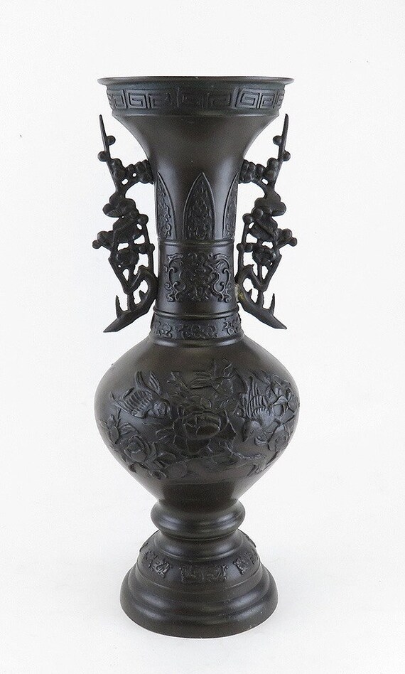 Tall Early 1900 S Antique Chinese Bronze Vase Birds And Etsy