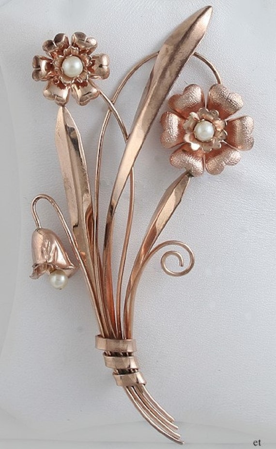 Large Vintage Retro 10k Rose Gold Pearl Flower Pin