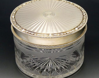 Antique 1927 English Gold Sterling Silver Glass Vanity Dresser Powder Jar Box