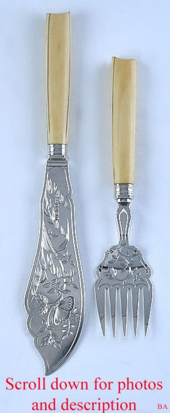 英国　Victorian Silver Plate 葉模様カトラリーセット 2点 Antique Victorian 1858 English Sterling Silver Fish Fork Knife