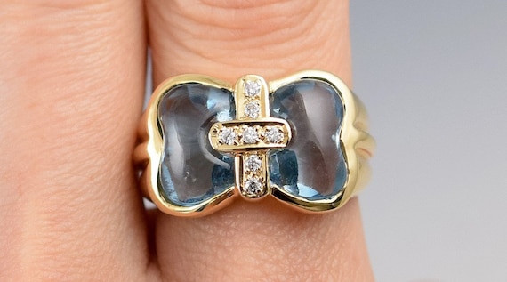 Dazzling 14k Yellow Gold w/ Diamonds and Blue Top… - image 2