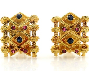 Stunning 18K Yellow Gold Sapphire and Ruby Stud Earrings