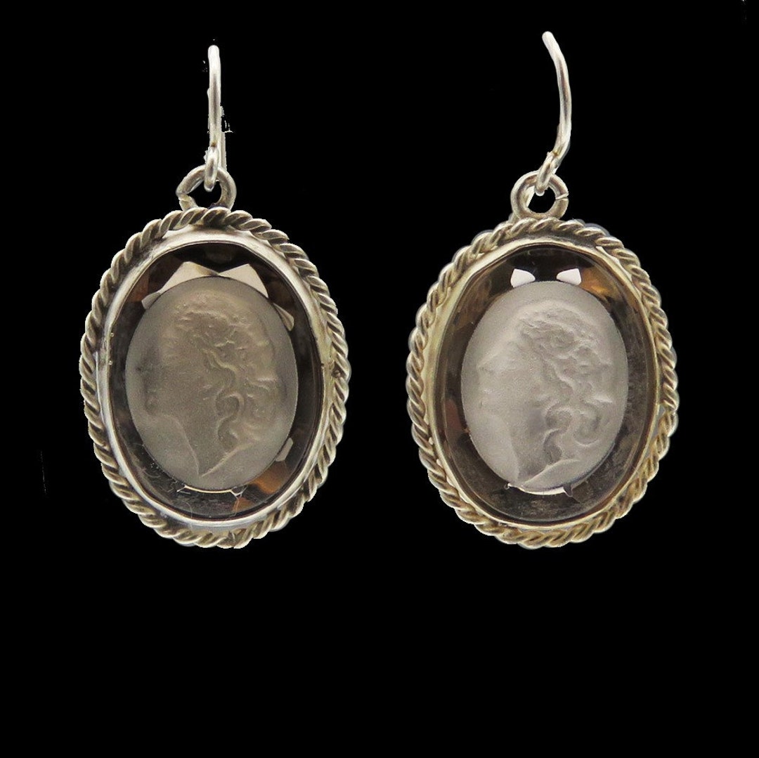 Pretty Carved Smokey Quartz Cameo and Sterling Silver Earrings Etsy