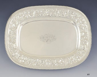 Antique 1882 Art Nouveau American Sterling Silver Repousse Tray 10.5" X 14"