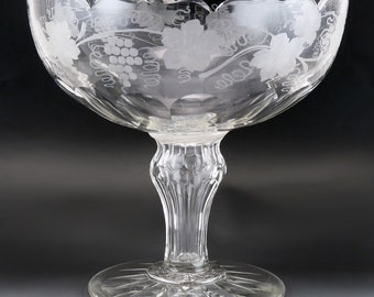 Antique c1850 Engraved Crystal Glass Centerpiece Pedestal Compote Bowl Grapes