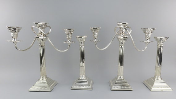 シルバーキャンドルスタンド 4個セット 1900年頃の英国製シルバーメッキキャンドルスタンド4本と燭台トップ2個