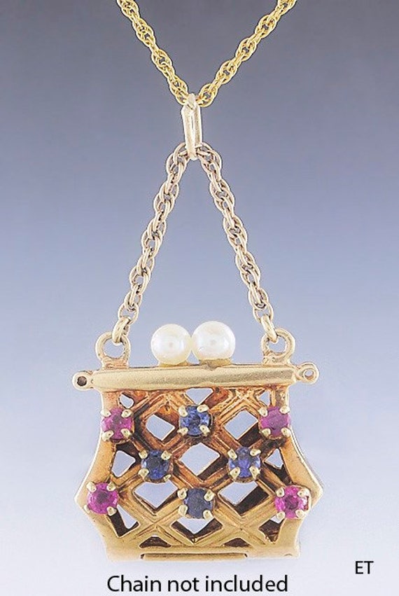 Beautiful VTG 14k Gold Pearl Sapphire & Ruby Purse