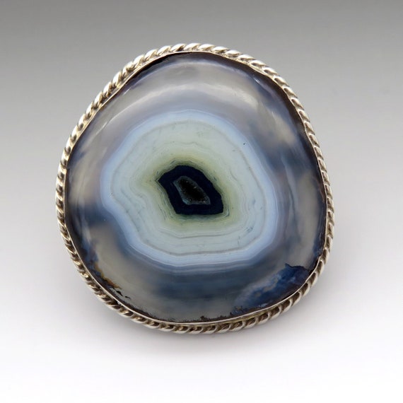Stylish Large Blue Geode Stone Sterling Silver Be… - image 1
