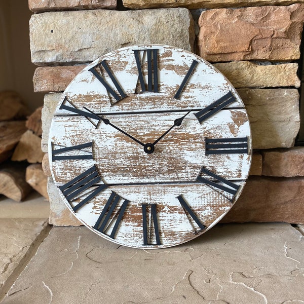 14 inch Rustic Clock, Chippy Distressed Clock, 3D Laser Raised Roman Numerals Clock, Farmhouse Clock, Wooden Clock, Over the Mantle Clock