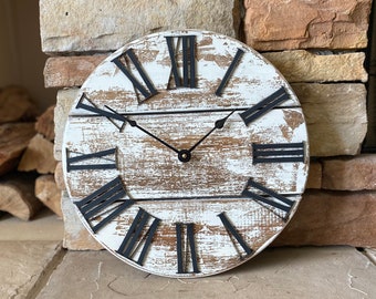 14 inch Rustic Clock, Chippy Distressed Clock, 3D Laser Raised Roman Numerals Clock, Farmhouse Clock, Wooden Clock, Over the Mantle Clock