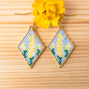 Seed Bead Earrings, Bead Woven Earrings, Flower Earrings, Yellow Floral Earrings