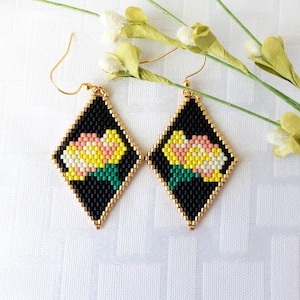 Seed Bead Earrings, Rose Earrings, Hand Woven Earrings, Floral Earrings