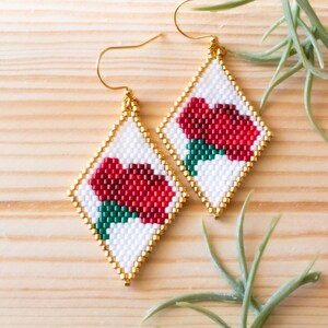 Red Rose Beaded Earrings, Seed Bead Earrings, Hand Woven Earrings, Flower Earrings