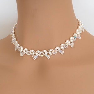 Woven Pearl and Crystal Necklace, Bridal Necklace, White Necklace, Wedding Necklace