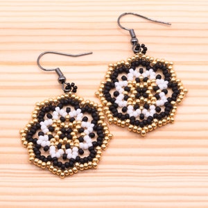 Mandala Bead Earrings, Hand Woven Bead Earrings, Seed Bead Earrings, Circular Bead Earrings, Black Bead Earrings