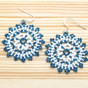 Mandala Bead Earrings, Seed Bead Earrings, Boho Earrings, Circular Bead Earrings, Blue and White Bead Earrings