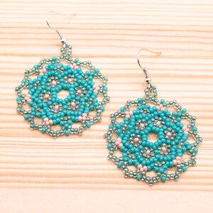 Mandala Bead Earrings, Turquoise Bead Earrings, Seed Bead Earrings, Circular Bead Earrings, Colorful Bead Earrings