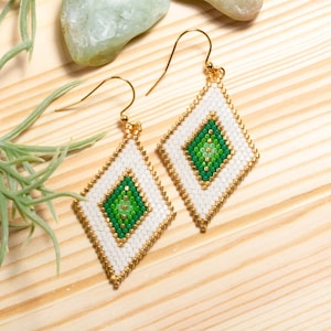 Seed Bead Earrings, Bead Woven Earrings, Geometric Earrings, Green Earrings