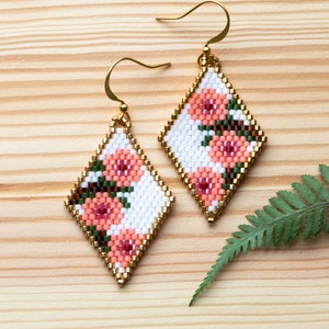 Rose Earrings, Seed Bead Earrings, Bead Woven Earrings, Floral Earrings